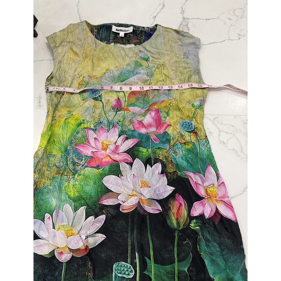 Lez‎ a Lez Silk Dress Womens Medium Multicolor Lotus Floral Sleeveless Sheath - Picture 8 of 9